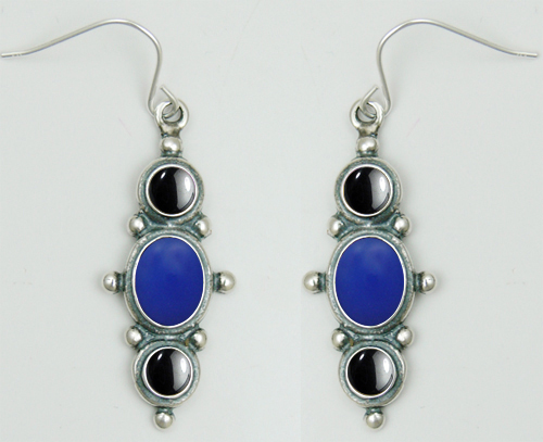 Sterling Silver Drop Dangle Earrings With Blue Onyx And Hematite